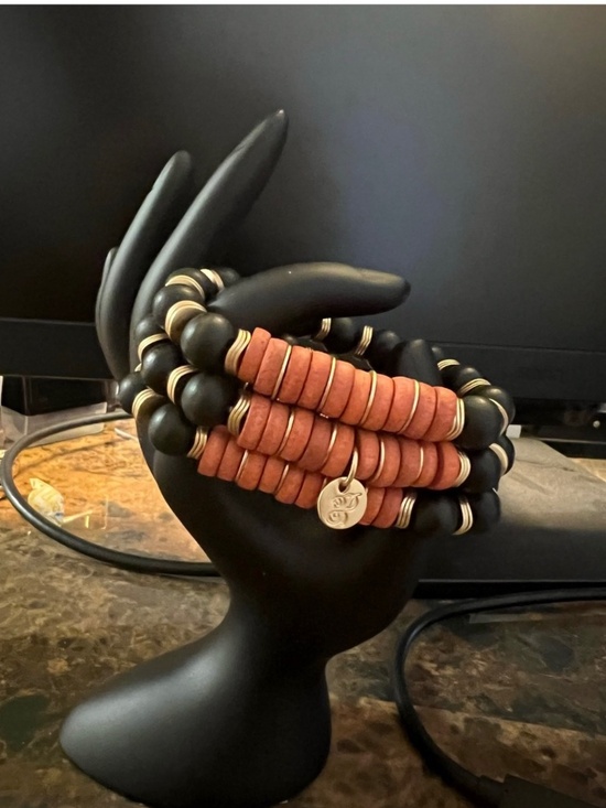 Jewelry - Stacked Beaded Bracelet Set - Black & Terracotta with Charm NWT